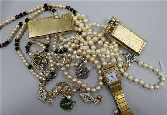 Two cultured pearl necklaces, a Dunhill Unique gilt lighter and a quantity of costume jewellery.